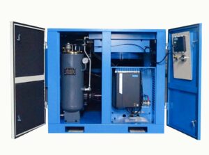Internal structure of a VSD rotary screw air compressor showing oil separator tank and inverter drive cabinet.