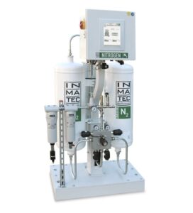 Inmatec nitrogen generator with twin white gas cylinders, control panel and compressed air filters