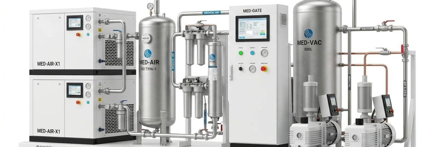 Duplex Medical Air and Vacuum Pump System Duplex medical air compressor and vacuum pump system with air receiver tank, filters and control panel on a mobile base